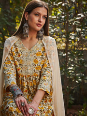 Women Yellow Floral Gathered Kurta With Pencil Pants & Dupatta-SHSET96333