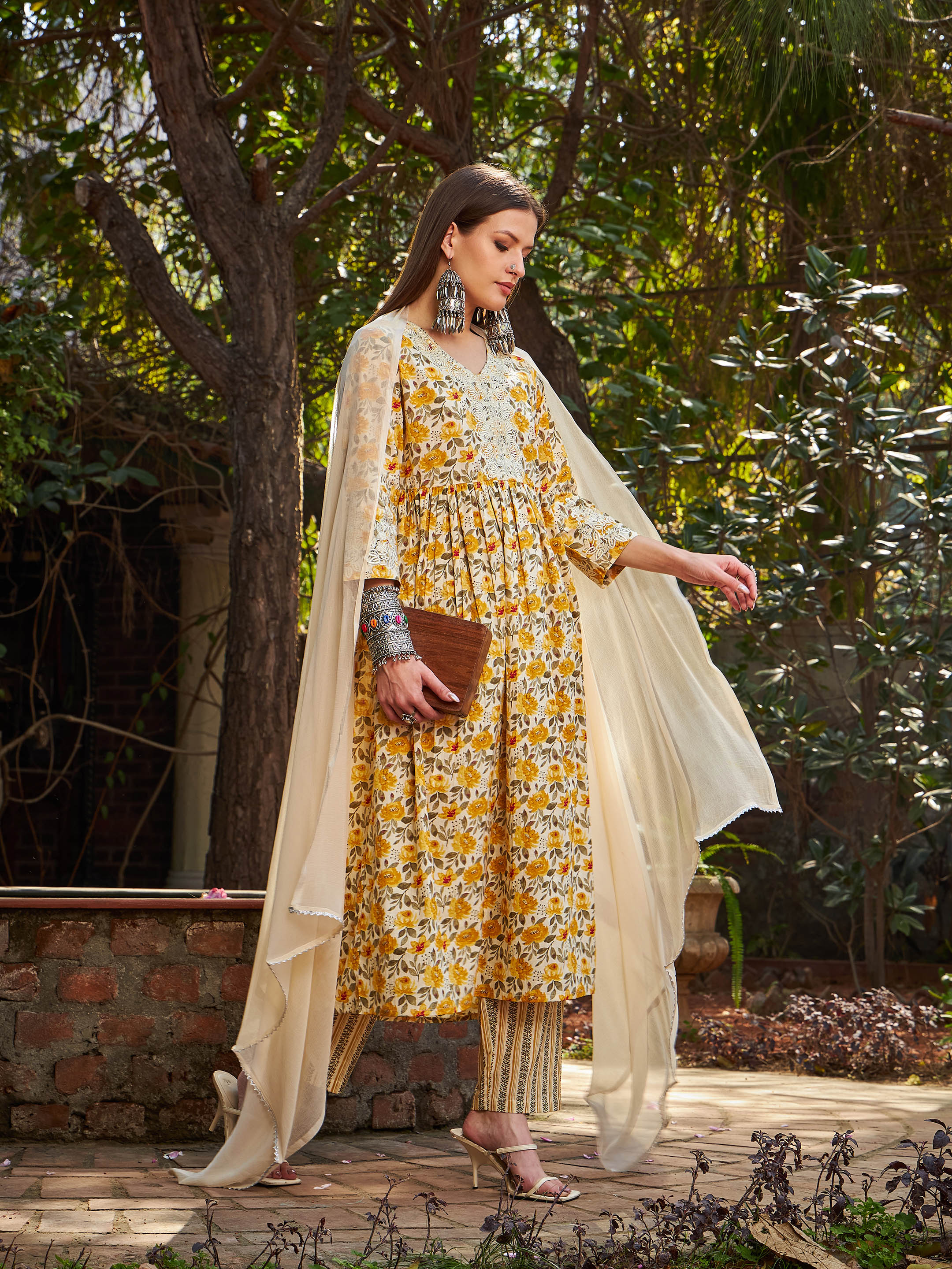 Women Yellow Floral Gathered Kurta With Pencil Pants & Dupatta-SHSET96333