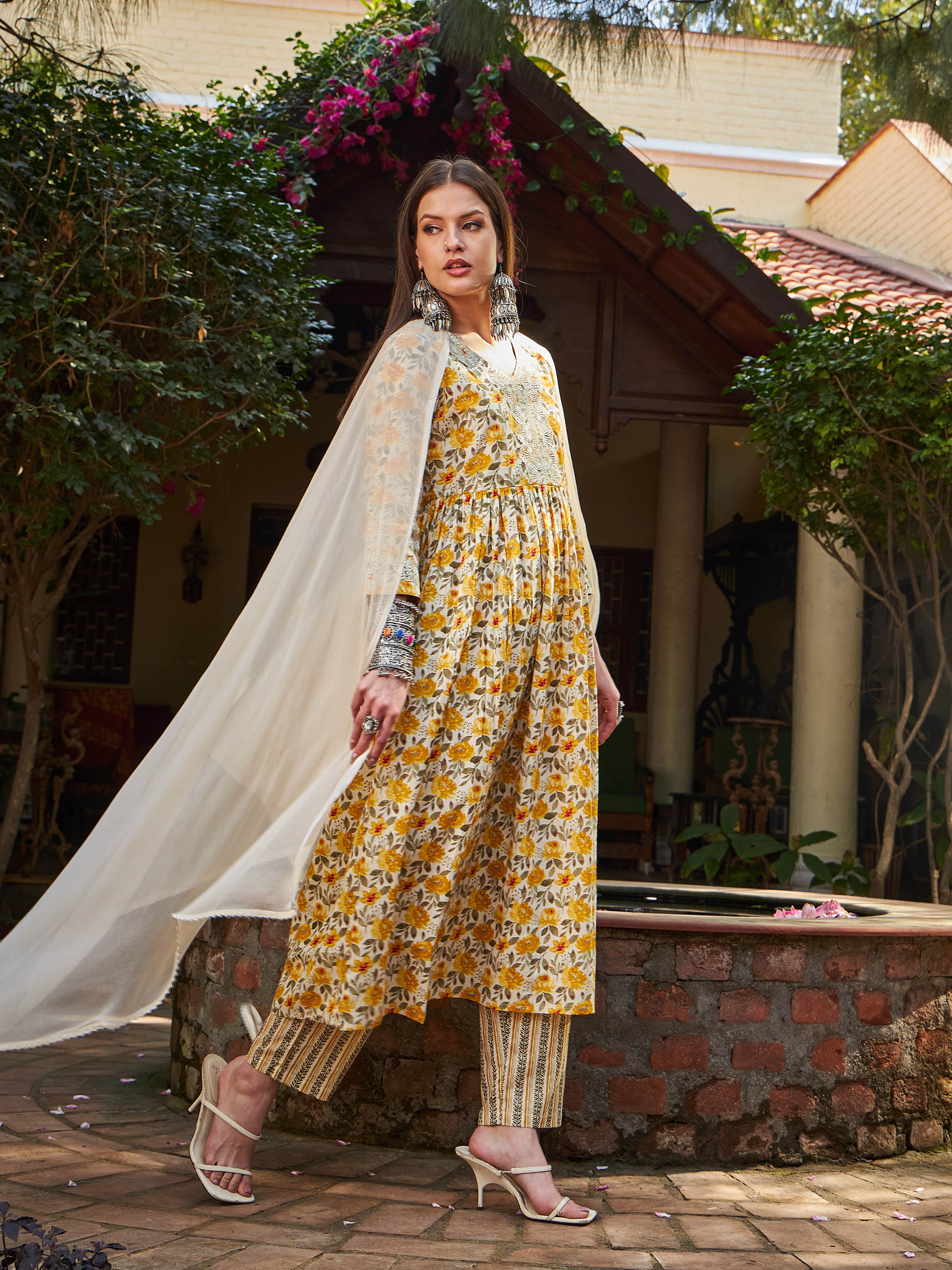 Women Yellow Floral Gathered Kurta With Pencil Pants & Dupatta-SHSET96333