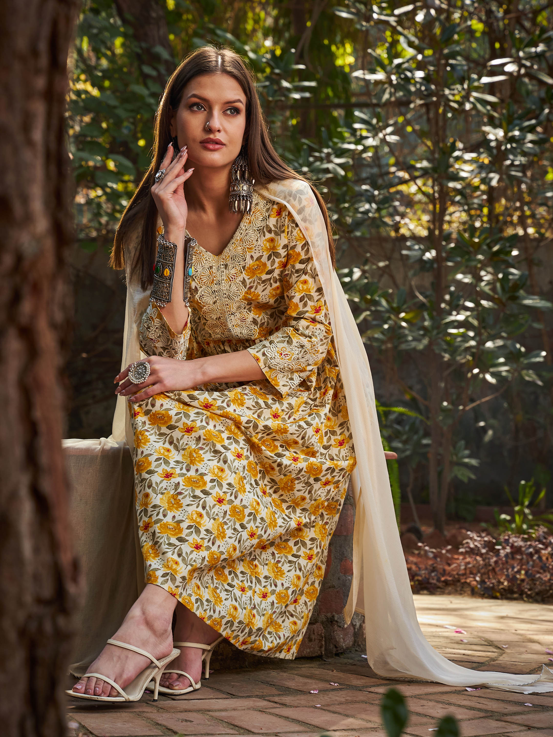 Women Yellow Floral Gathered Kurta With Pencil Pants & Dupatta-SHSET96333