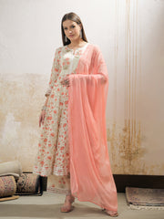 Women Off White & Red Floral Anarkali Kurta With Pencil Pants & Dupatta-SHSET96341