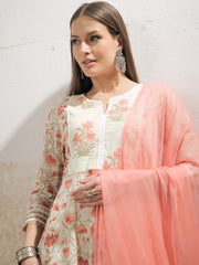 Women Off White & Red Floral Anarkali Kurta With Pencil Pants & Dupatta-SHSET96341