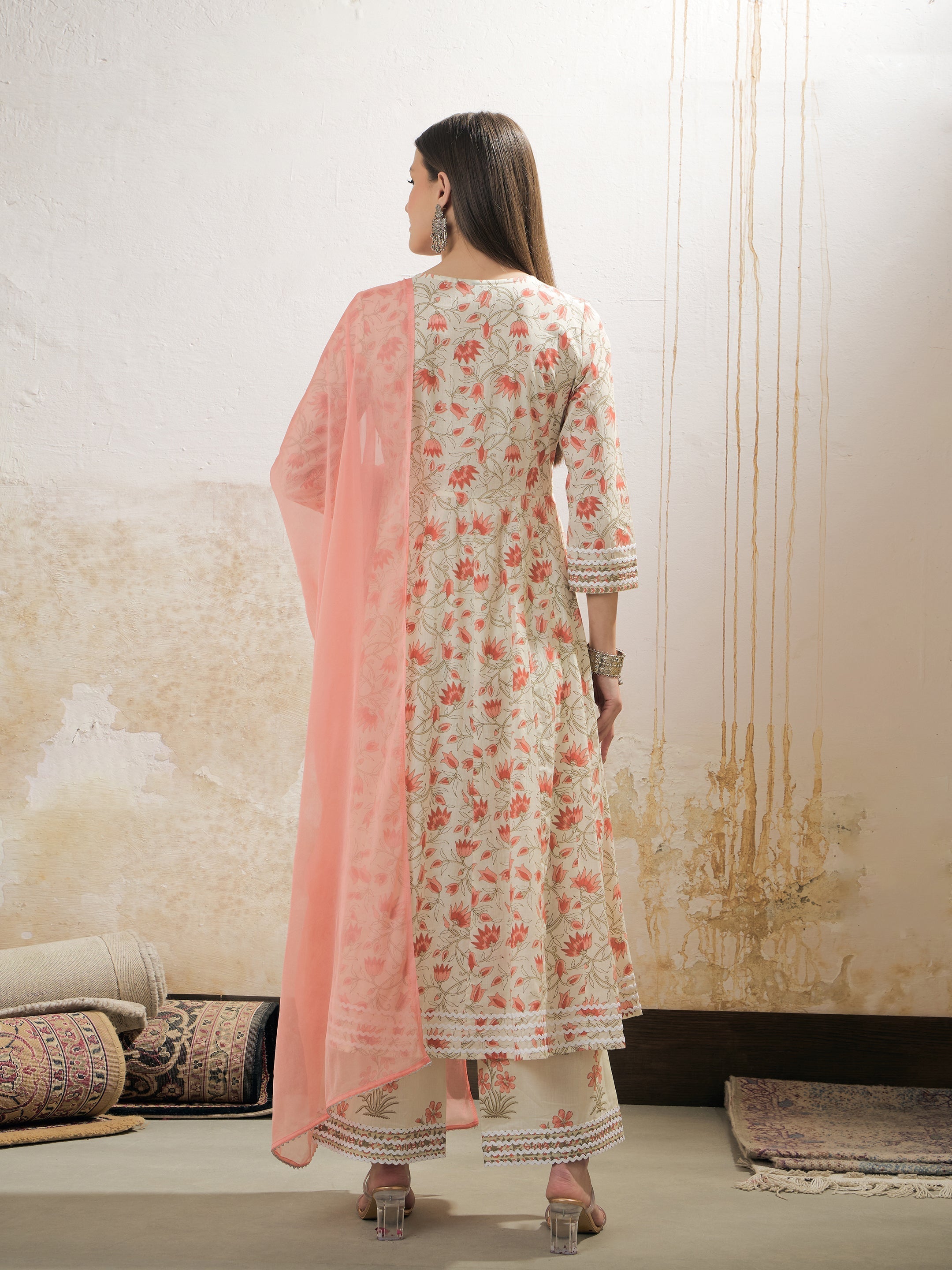 Women Off White & Red Floral Anarkali Kurta With Pencil Pants & Dupatta-SHSET96341