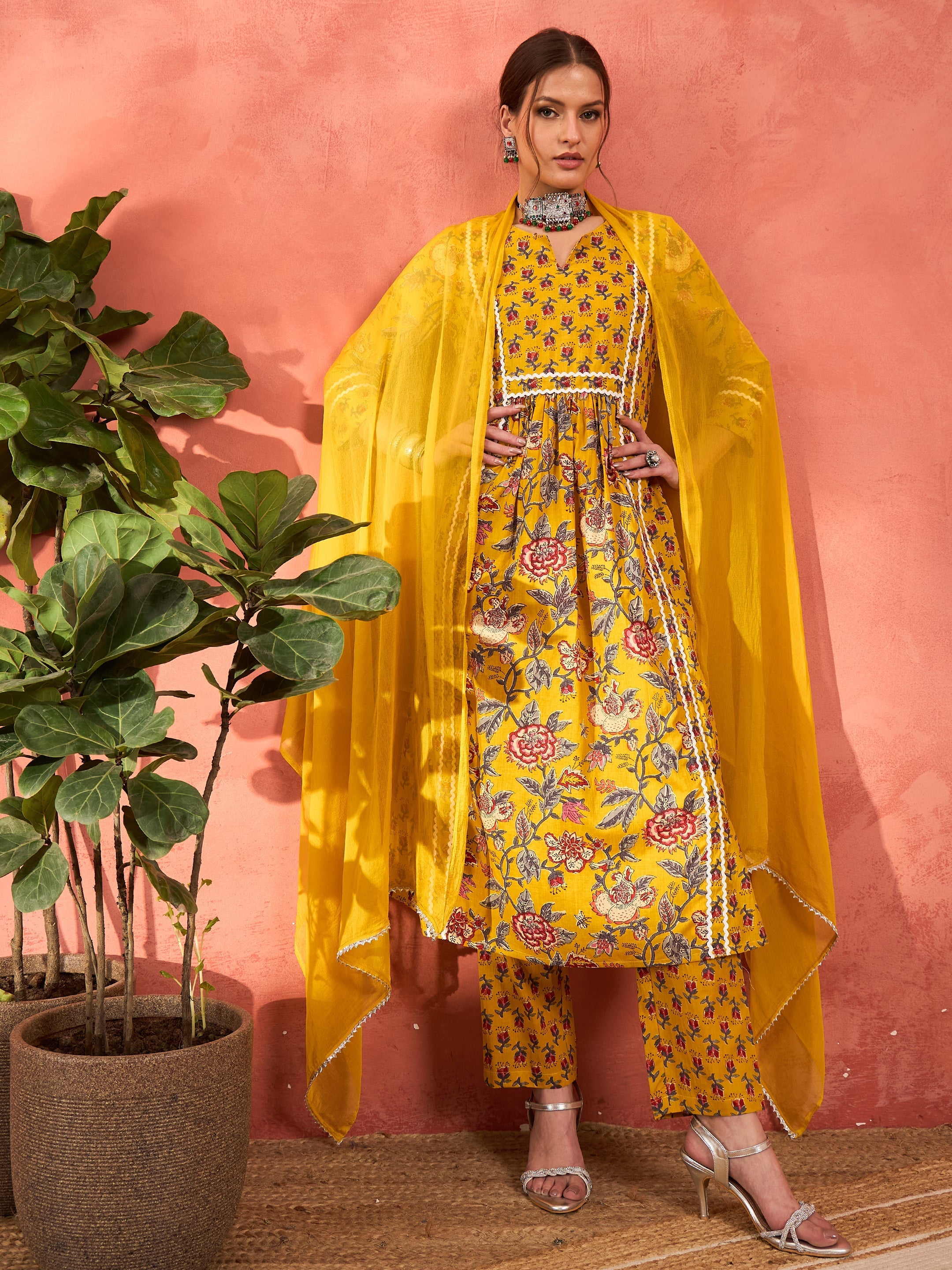 Women Yellow Floral Anarkali Kurta With Pencil Pants & Dupatta-SHSET96343
