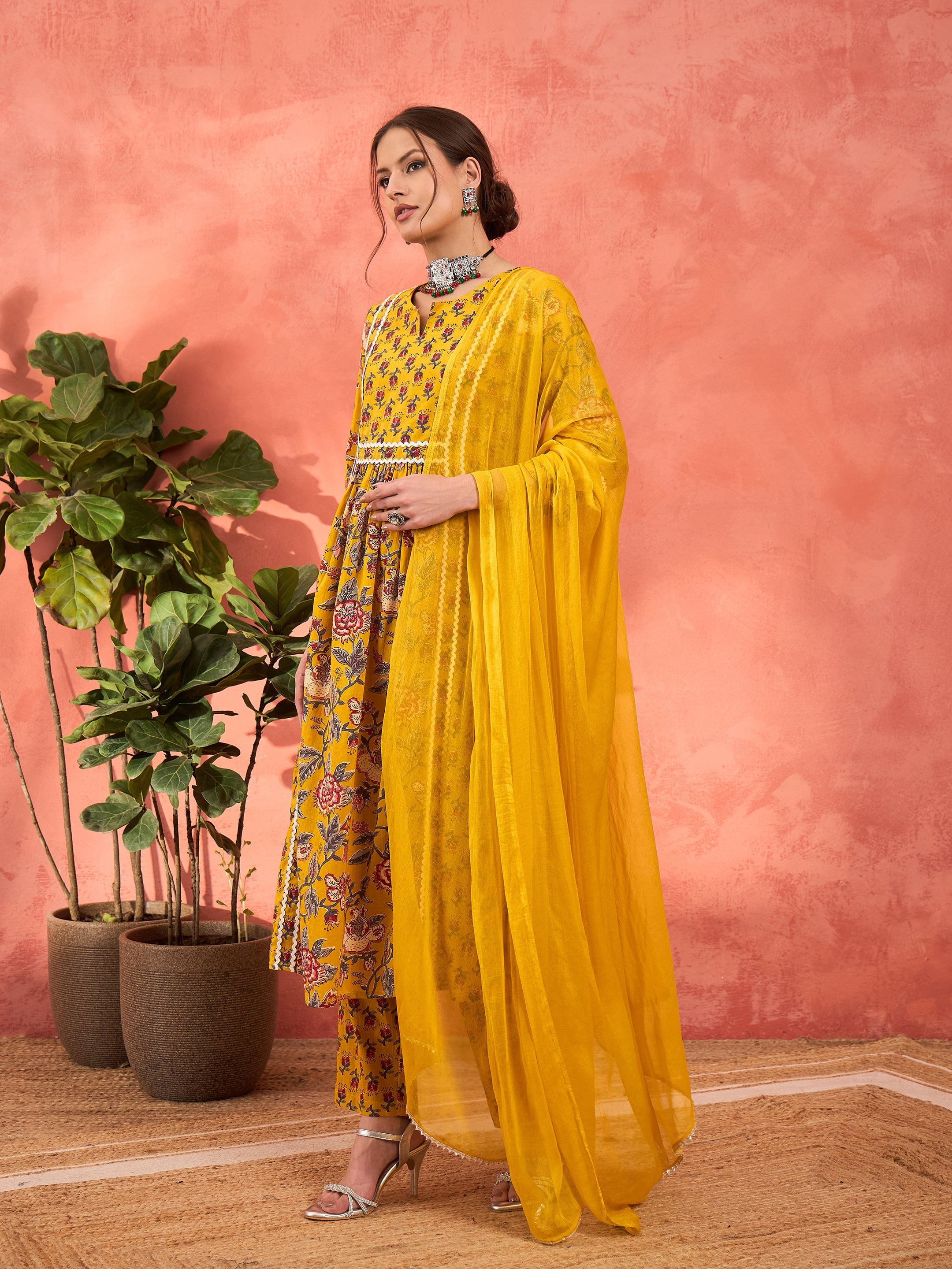 Women Yellow Floral Anarkali Kurta With Pencil Pants & Dupatta-SHSET96343