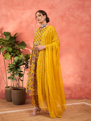 Women Yellow Floral Anarkali Kurta With Pencil Pants & Dupatta-SHSET96343