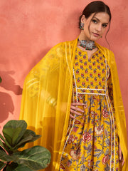 Women Yellow Floral Anarkali Kurta With Pencil Pants & Dupatta-SHSET96343