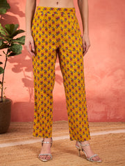 Women Yellow Floral Anarkali Kurta With Pencil Pants & Dupatta-SHSET96343