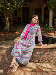 Women Pink & Blue Floral Anarkali Kurta With Pencil Pants & Dupatta-SHSET96344