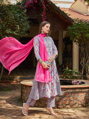 Women Pink & Blue Floral Anarkali Kurta With Pencil Pants & Dupatta-SHSET96344