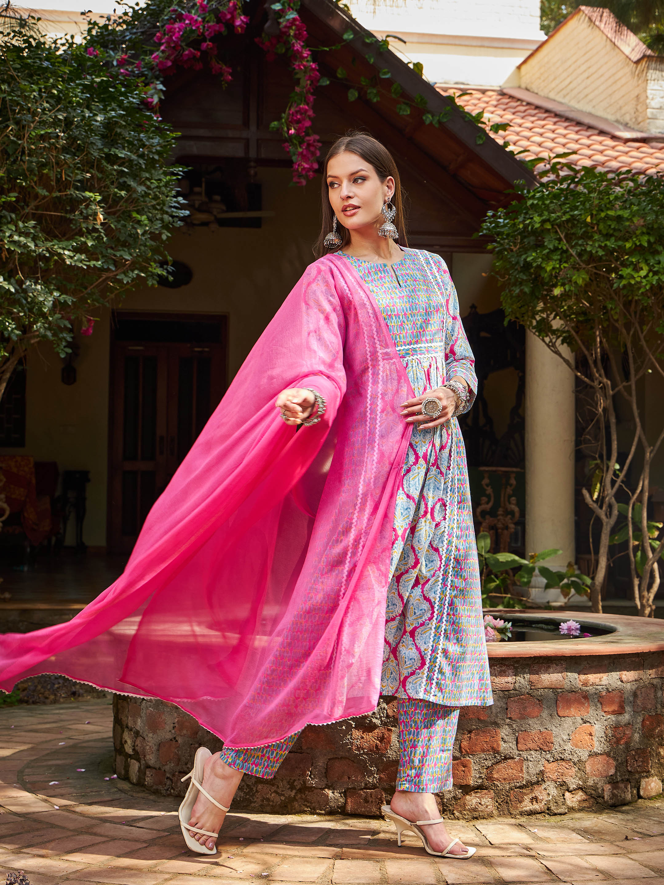 Women Pink & Blue Floral Anarkali Kurta With Pencil Pants & Dupatta-SHSET96344