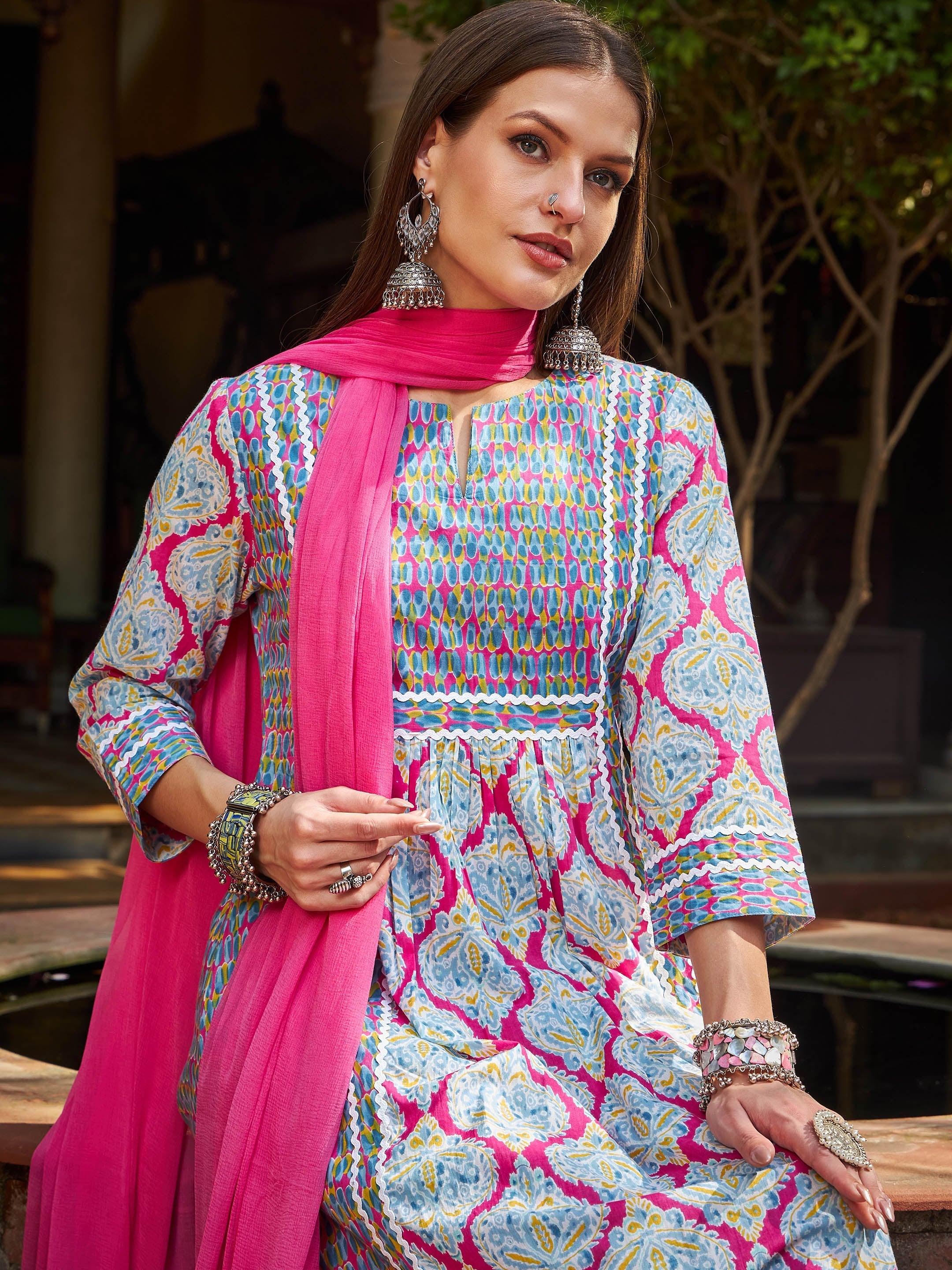 Women Pink & Blue Floral Anarkali Kurta With Pencil Pants & Dupatta-SHSET96344