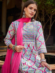 Women Pink & Blue Floral Anarkali Kurta With Pencil Pants & Dupatta-SHSET96344