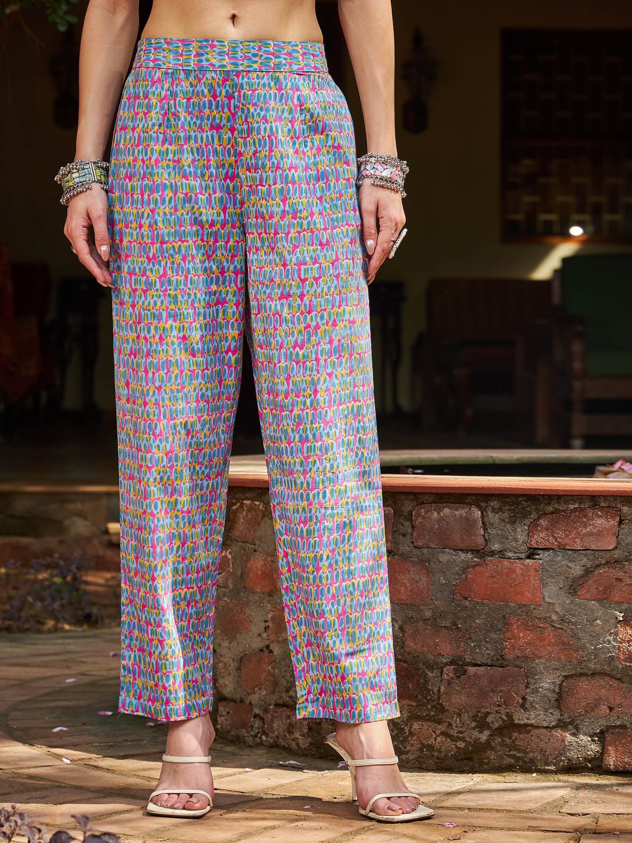 Women Pink & Blue Floral Anarkali Kurta With Pencil Pants & Dupatta-SHSET96344