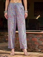 Women Pink & Blue Floral Anarkali Kurta With Pencil Pants & Dupatta-SHSET96344