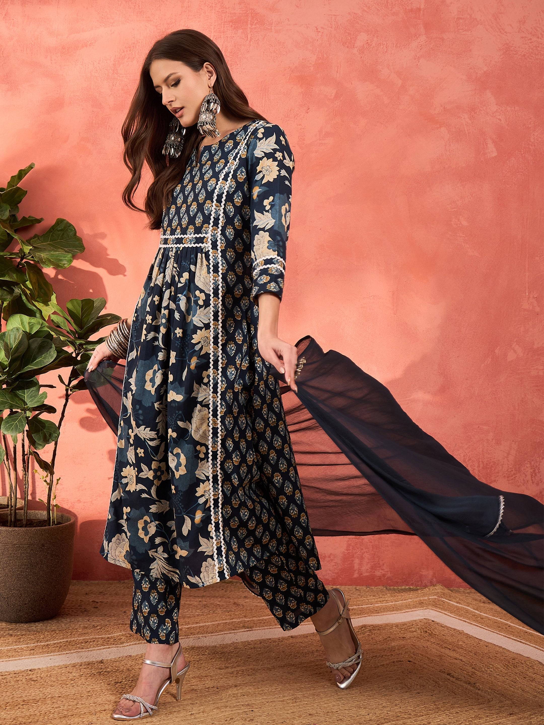Women Navy Floral Anarkali Kurta With Pencil Pants & Dupatta-SHSET96345