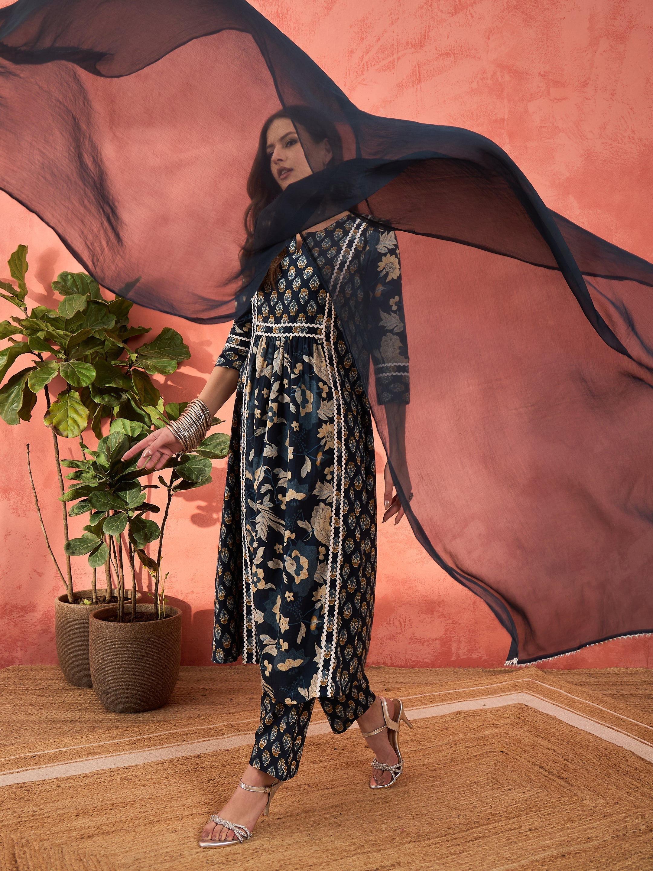 Women Navy Floral Anarkali Kurta With Pencil Pants & Dupatta-SHSET96345