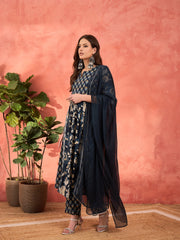 Women Navy Floral Anarkali Kurta With Pencil Pants & Dupatta-SHSET96345