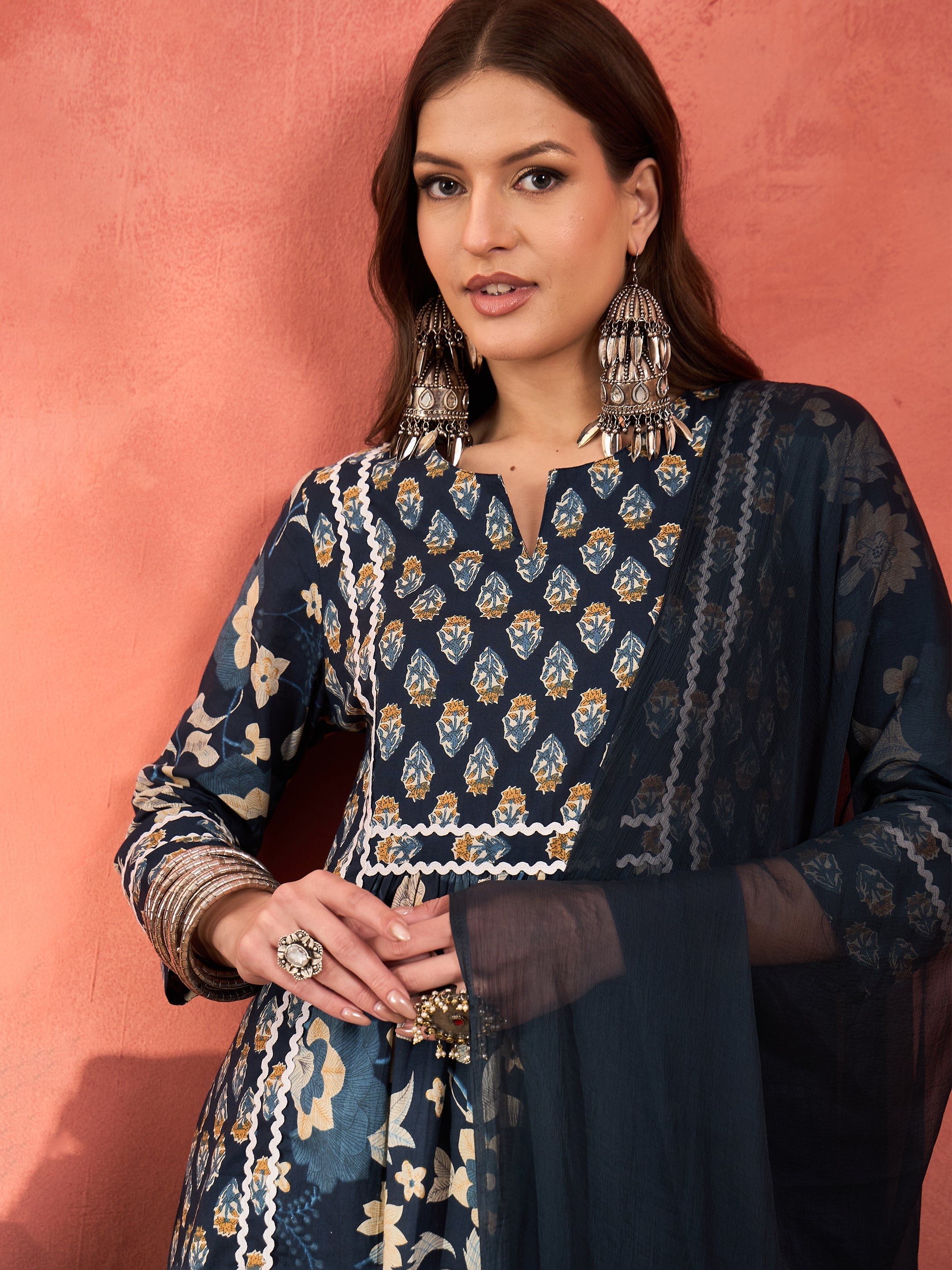 Women Navy Floral Anarkali Kurta With Pencil Pants & Dupatta-SHSET96345