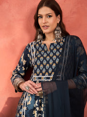 Women Navy Floral Anarkali Kurta With Pencil Pants & Dupatta-SHSET96345