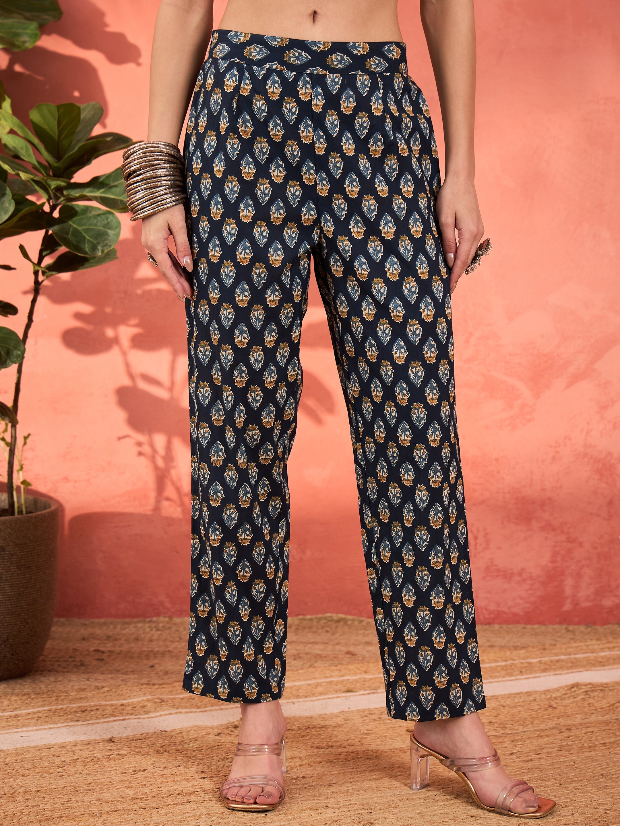 Women Navy Floral Anarkali Kurta With Pencil Pants & Dupatta-SHSET96345