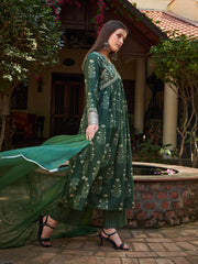 Women Green Floral Embroidered Gathered Kurta With Pencil Pants & Dupatta-SHSET96346
