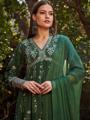 Women Green Floral Embroidered Gathered Kurta With Pencil Pants & Dupatta-SHSET96346