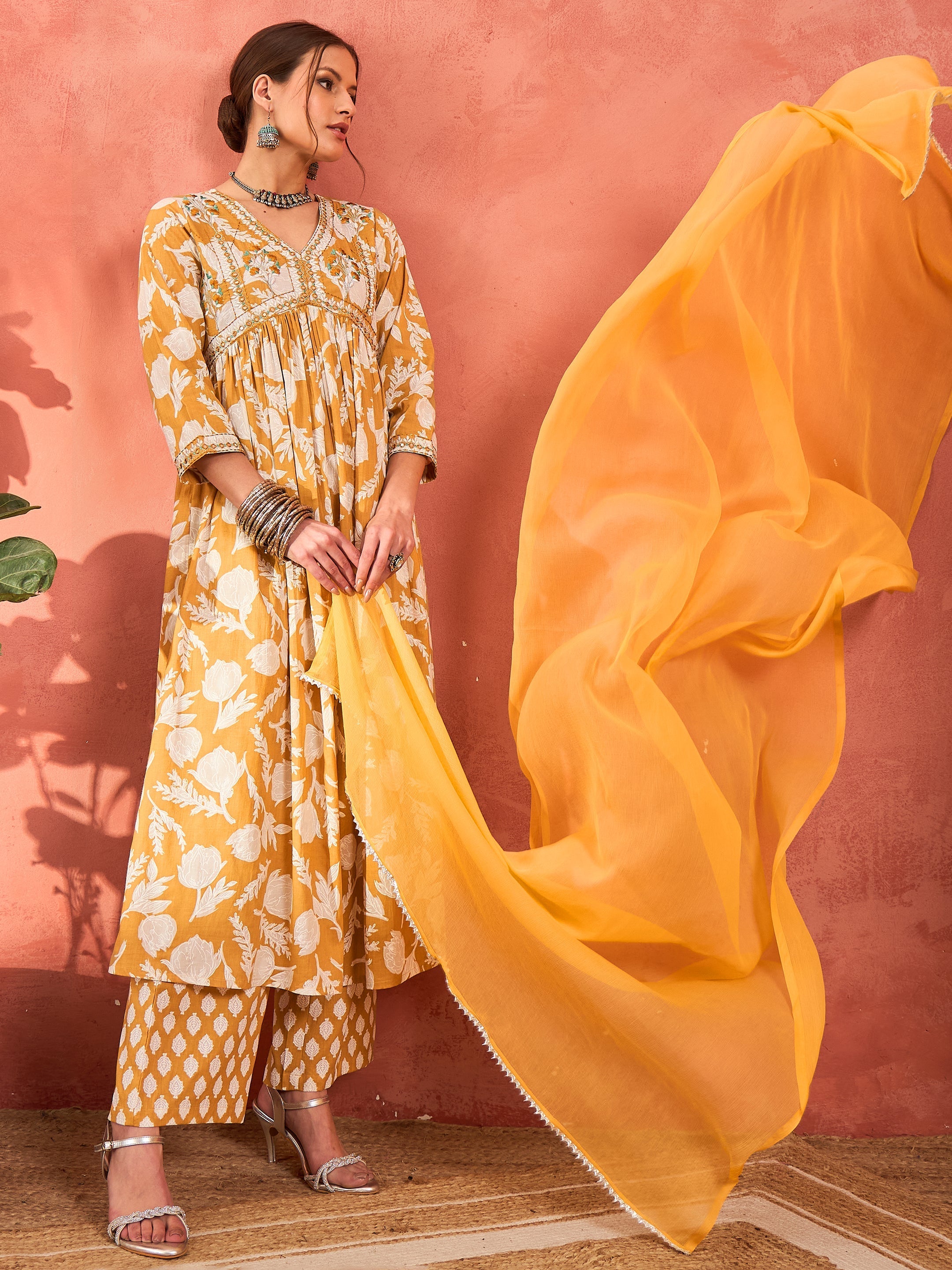 Women Mustard Floral Embroidered Gathered Kurta With Pencil Pants & Dupatta-SHSET96347