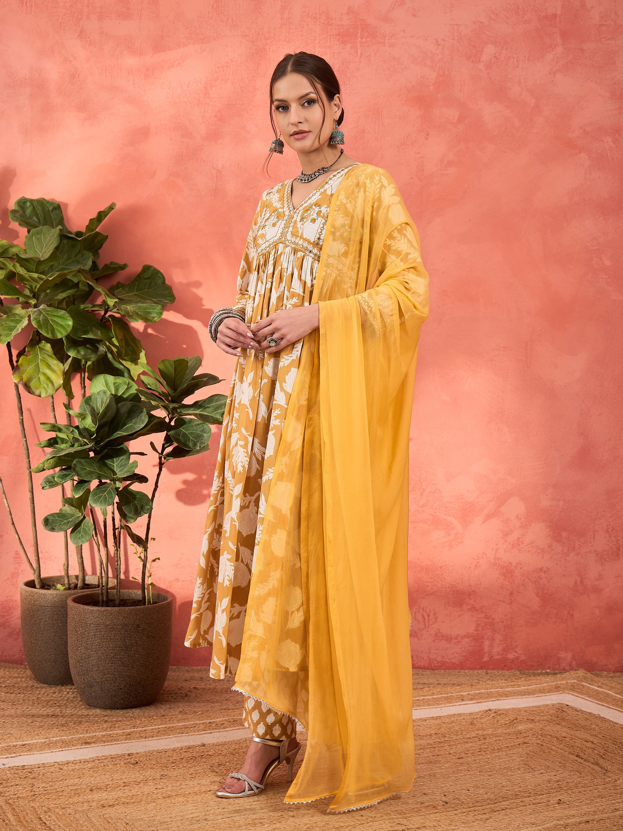 Women Mustard Floral Embroidered Gathered Kurta With Pencil Pants & Dupatta-SHSET96347