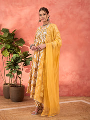 Women Mustard Floral Embroidered Gathered Kurta With Pencil Pants & Dupatta-SHSET96347