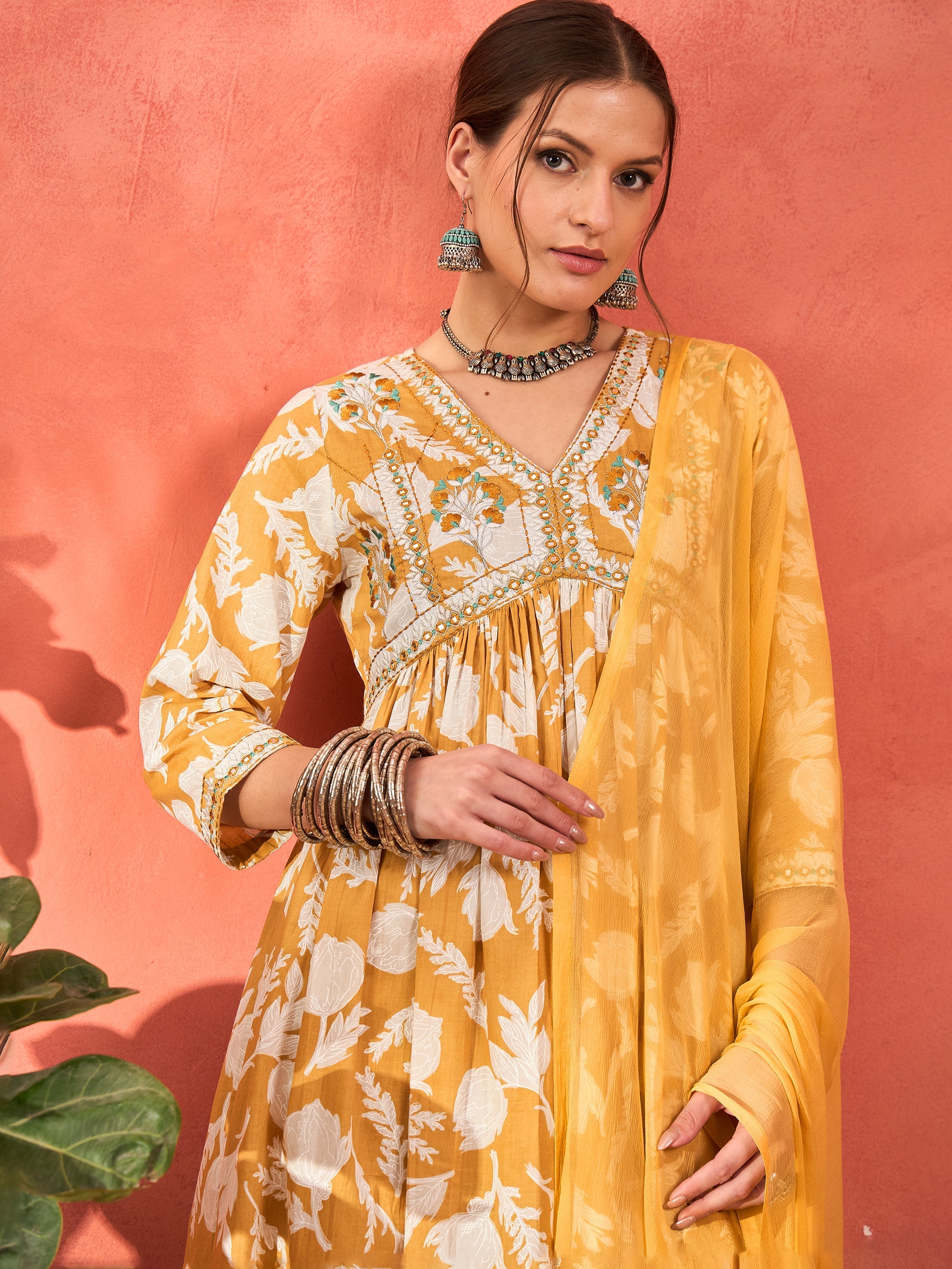 Women Mustard Floral Embroidered Gathered Kurta With Pencil Pants & Dupatta-SHSET96347