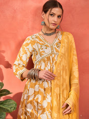 Women Mustard Floral Embroidered Gathered Kurta With Pencil Pants & Dupatta-SHSET96347