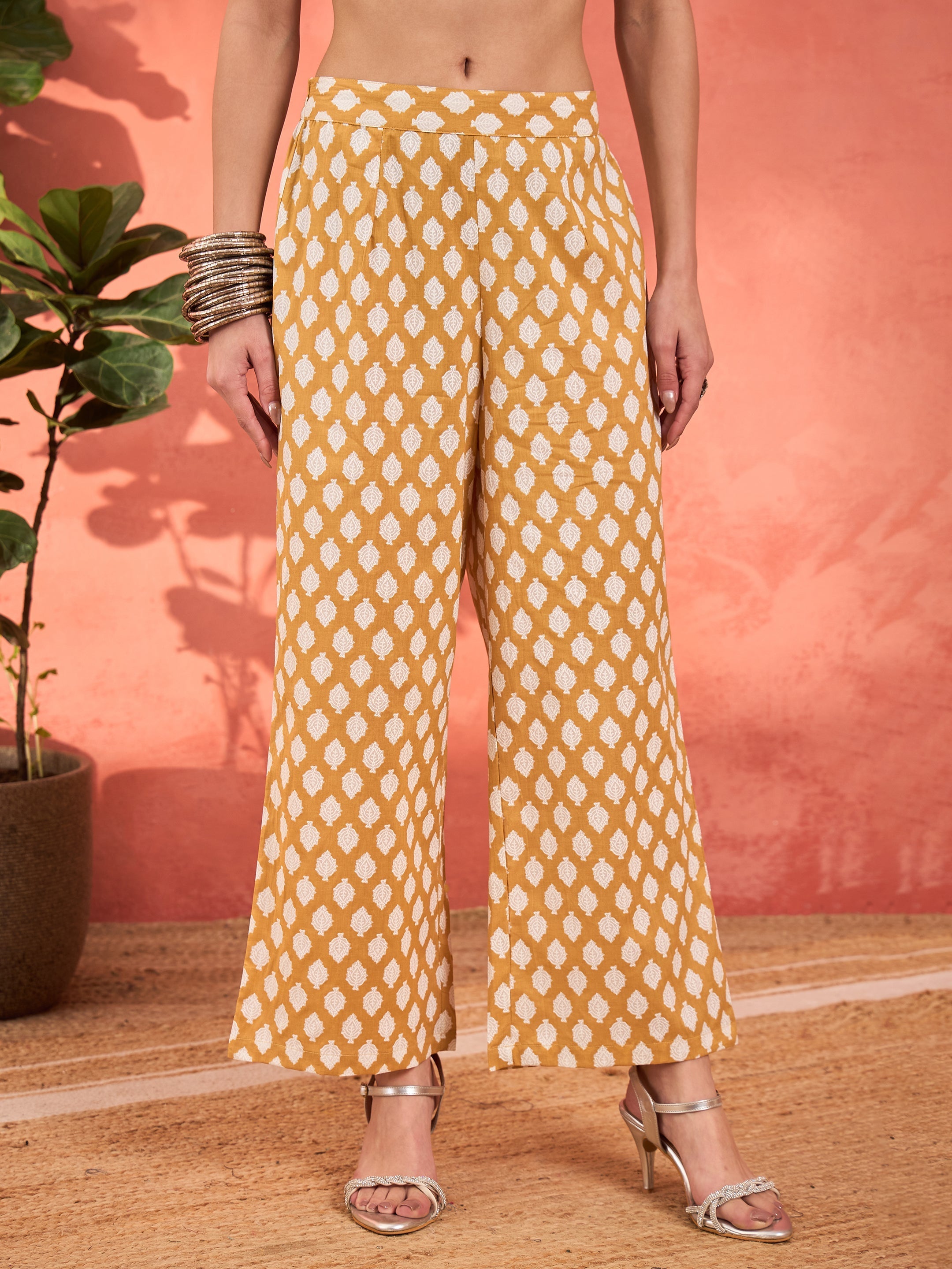 Women Mustard Floral Embroidered Gathered Kurta With Pencil Pants & Dupatta-SHSET96347