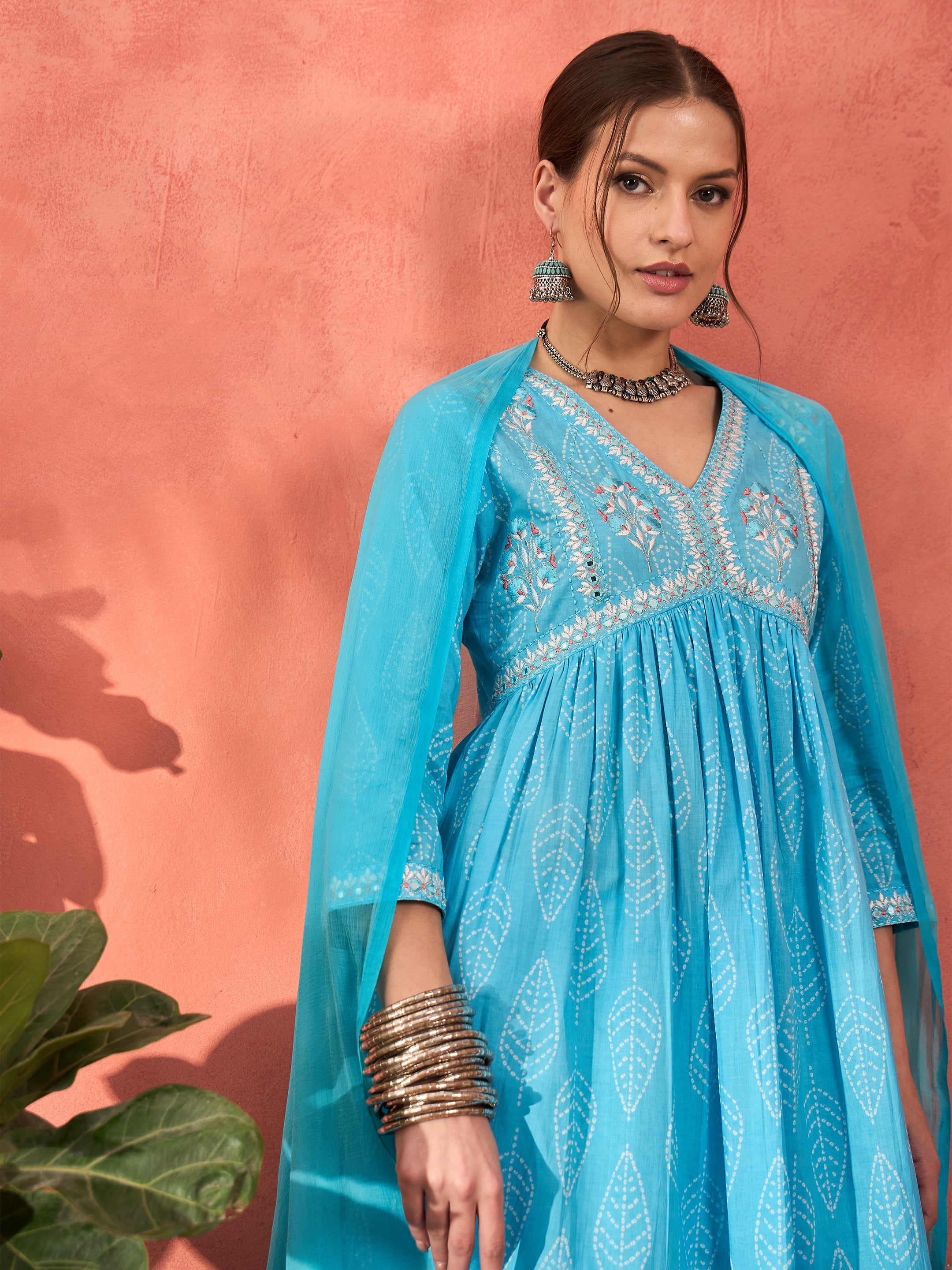 Women Blue Floral Embroidered Gathered Kurta With Pencil Pants & Dupatta-SHSET96348