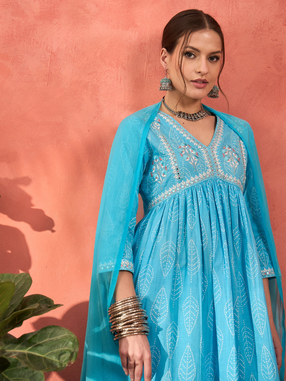 Women Blue Floral Embroidered Gathered Kurta With Pencil Pants & Dupatta-SHSET96348