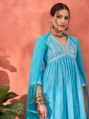 Women Blue Floral Embroidered Gathered Kurta With Pencil Pants & Dupatta-SHSET96348
