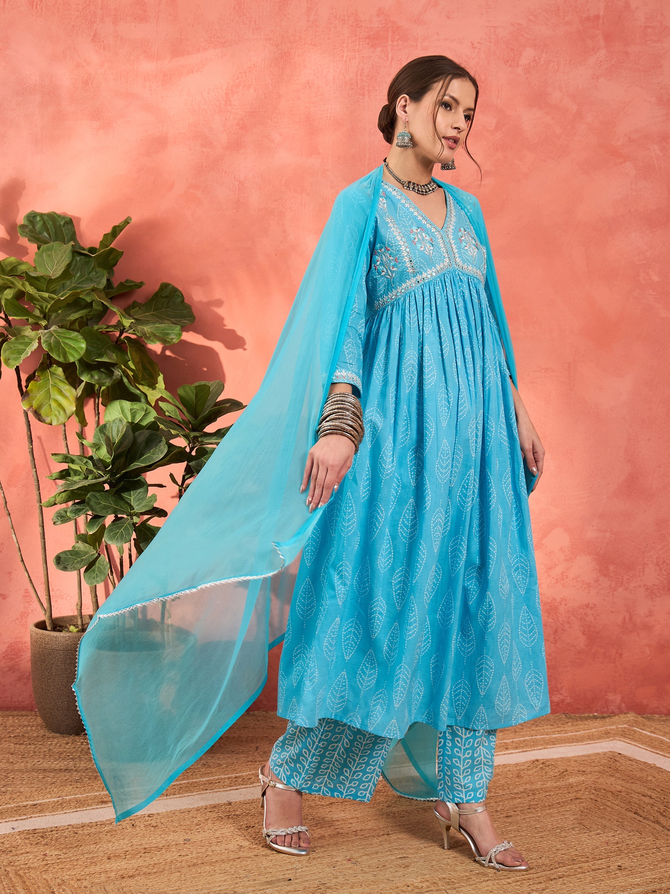 Women Blue Floral Embroidered Gathered Kurta With Pencil Pants & Dupatta-SHSET96348