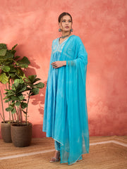 Women Blue Floral Embroidered Gathered Kurta With Pencil Pants & Dupatta-SHSET96348