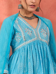 Women Blue Floral Embroidered Gathered Kurta With Pencil Pants & Dupatta-SHSET96348