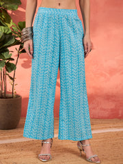 Women Blue Floral Embroidered Gathered Kurta With Pencil Pants & Dupatta-SHSET96348