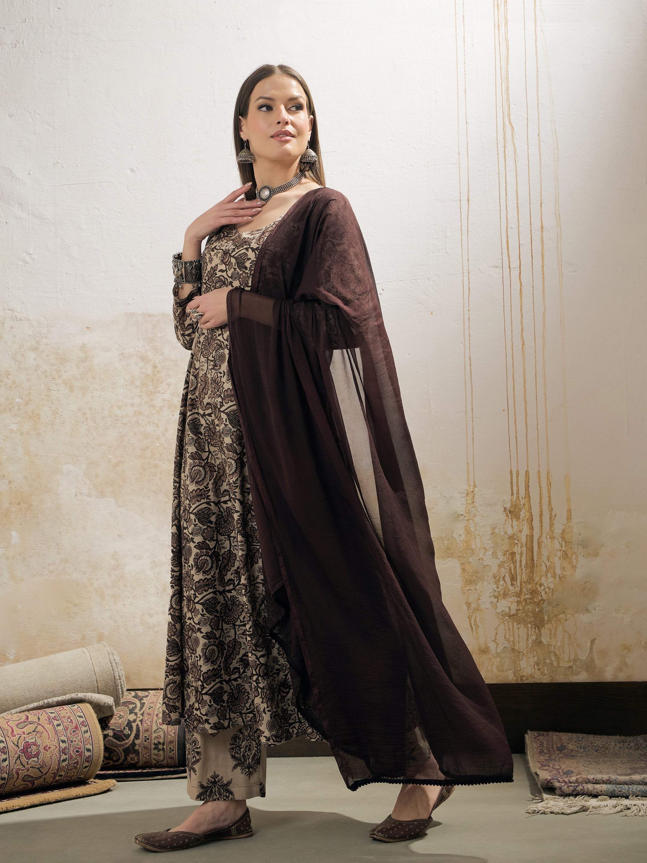 Women Beige Floral Anarkali Kurta With Pencil Pant & Dupatta-SHSET96349