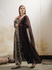 Women Beige Floral Anarkali Kurta With Pencil Pant & Dupatta-SHSET96349