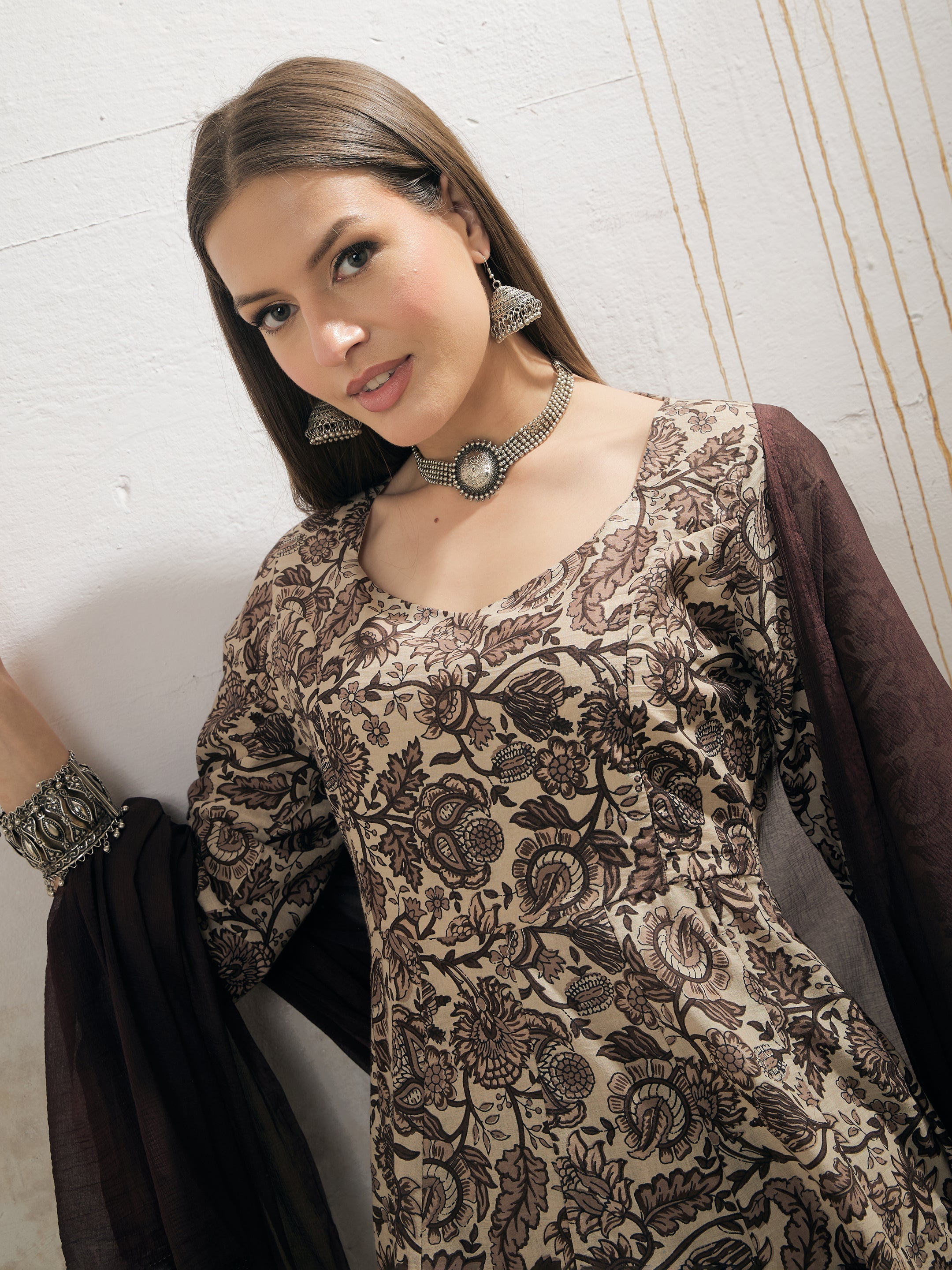 Women Beige Floral Anarkali Kurta With Pencil Pant & Dupatta-SHSET96349