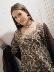 Women Beige Floral Anarkali Kurta With Pencil Pant & Dupatta-SHSET96349