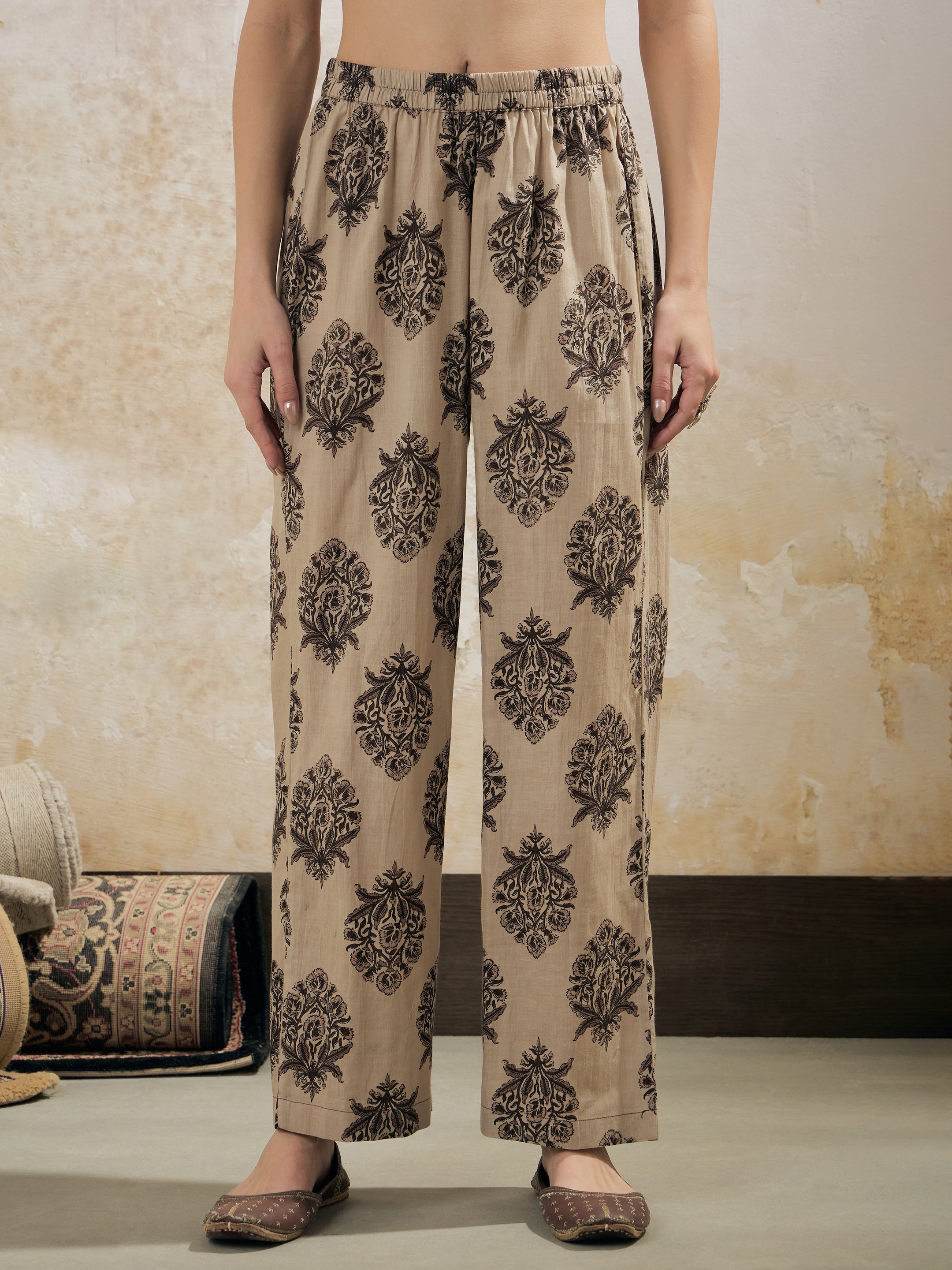 Women Beige Floral Anarkali Kurta With Pencil Pant & Dupatta-SHSET96349