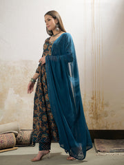 Women Teal Floral Anarkali Kurta With Pencil Pant & Dupatta-SHSET96350