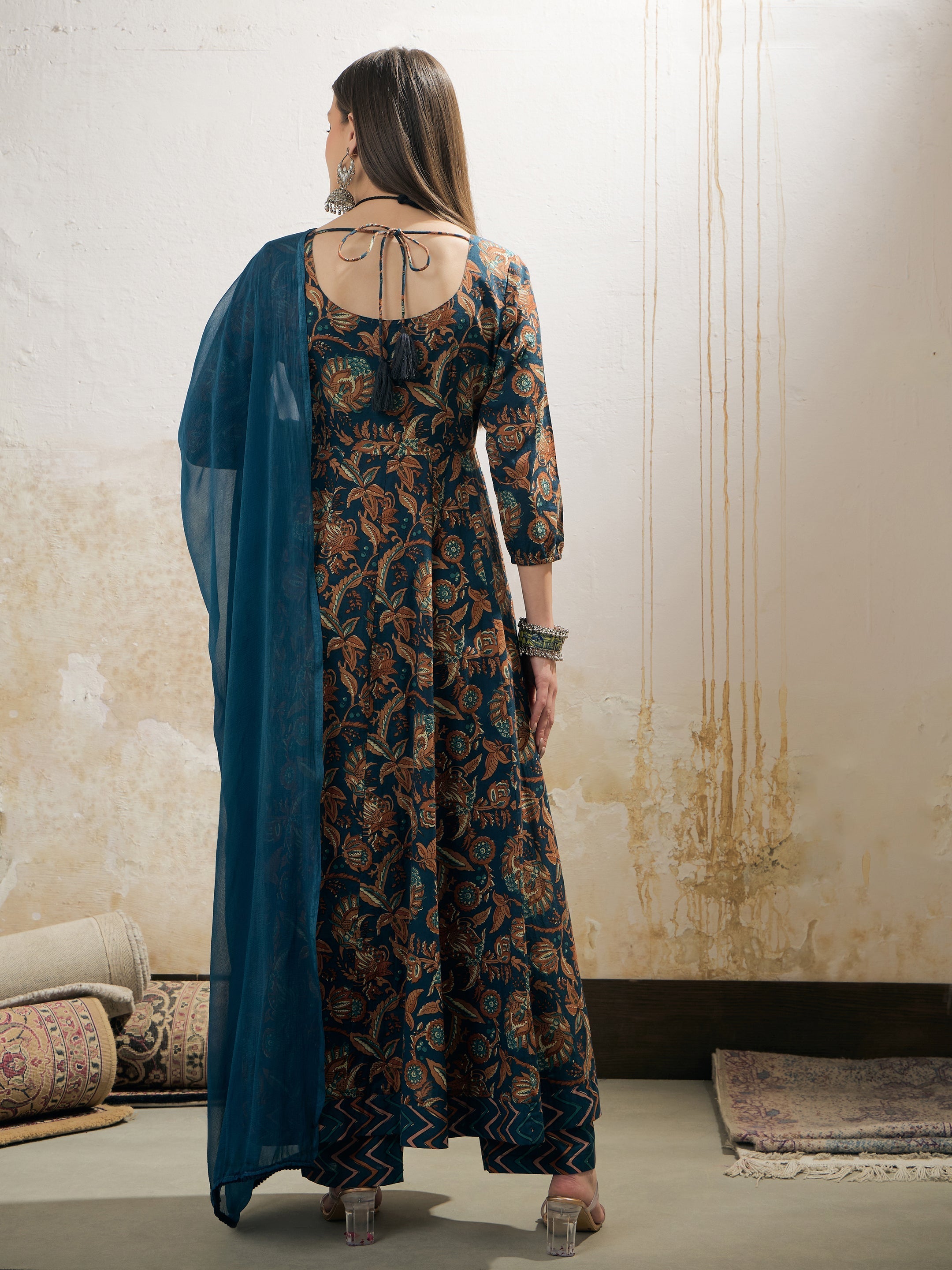 Women Teal Floral Anarkali Kurta With Pencil Pant & Dupatta-SHSET96350
