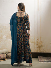 Women Teal Floral Anarkali Kurta With Pencil Pant & Dupatta-SHSET96350