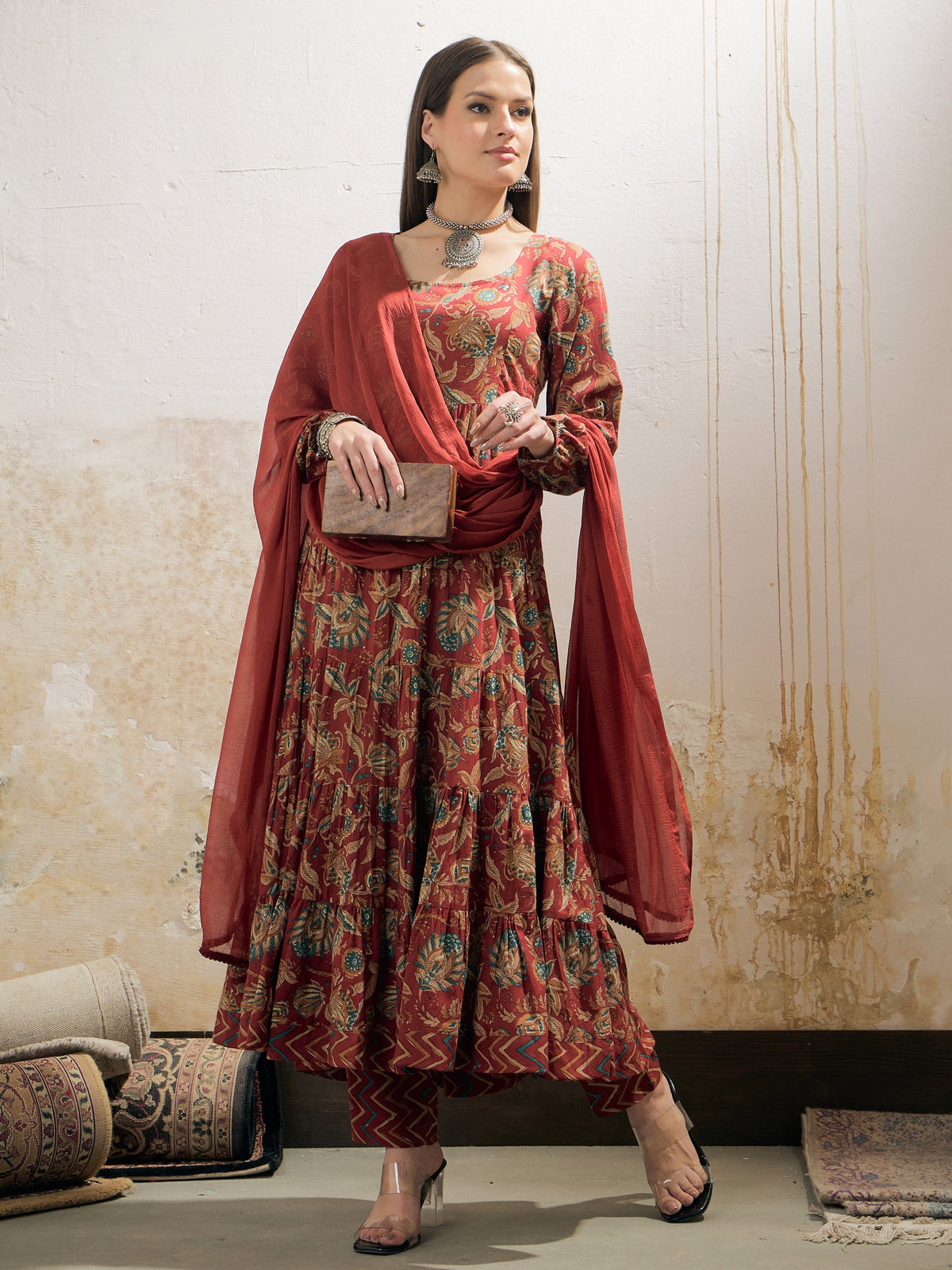 Women Maroon Floral Tiered Kurta With Pencil Pant & Dupatta-SHSET96351