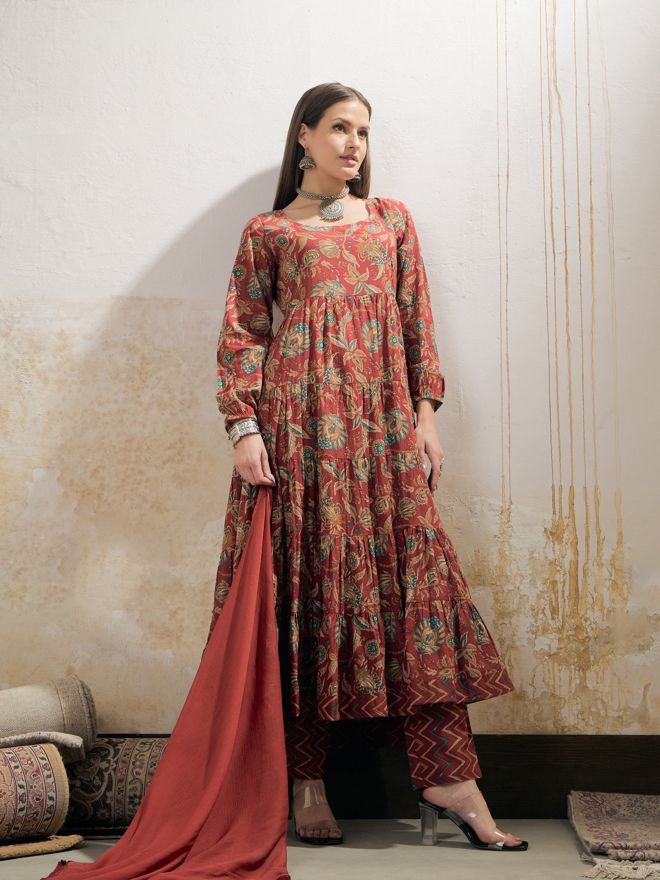 Women Maroon Floral Tiered Kurta With Pencil Pant & Dupatta-SHSET96351